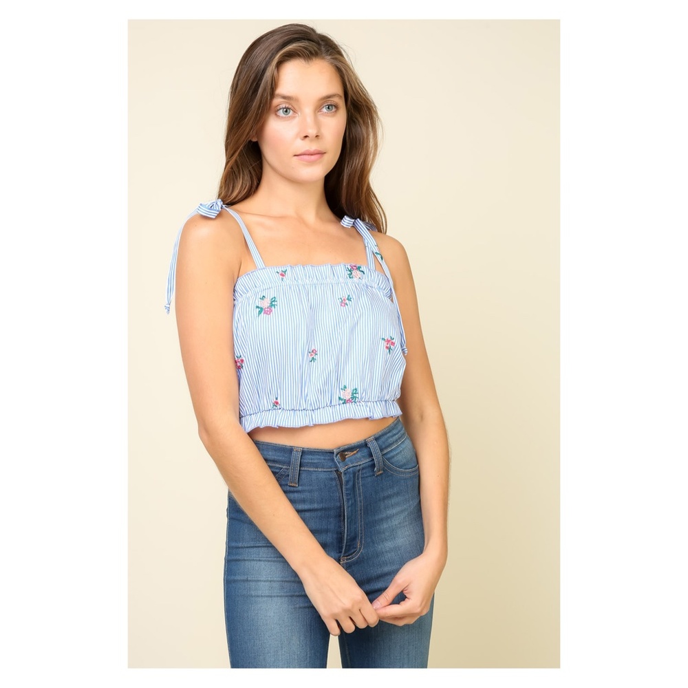 Blue Striped Floral Embroidered Ruffle Crop Top - Picture 4 of 6